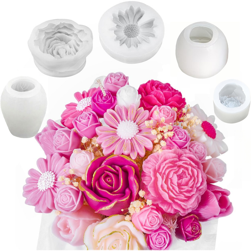 Candle Making Kit Wholesale - 5Flower Candle Mold Set，3D Floral silicone